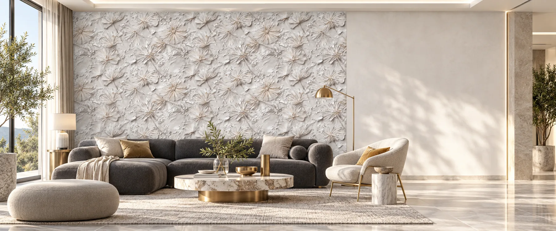 Sculptural relief floral wallpaper in a living room setting