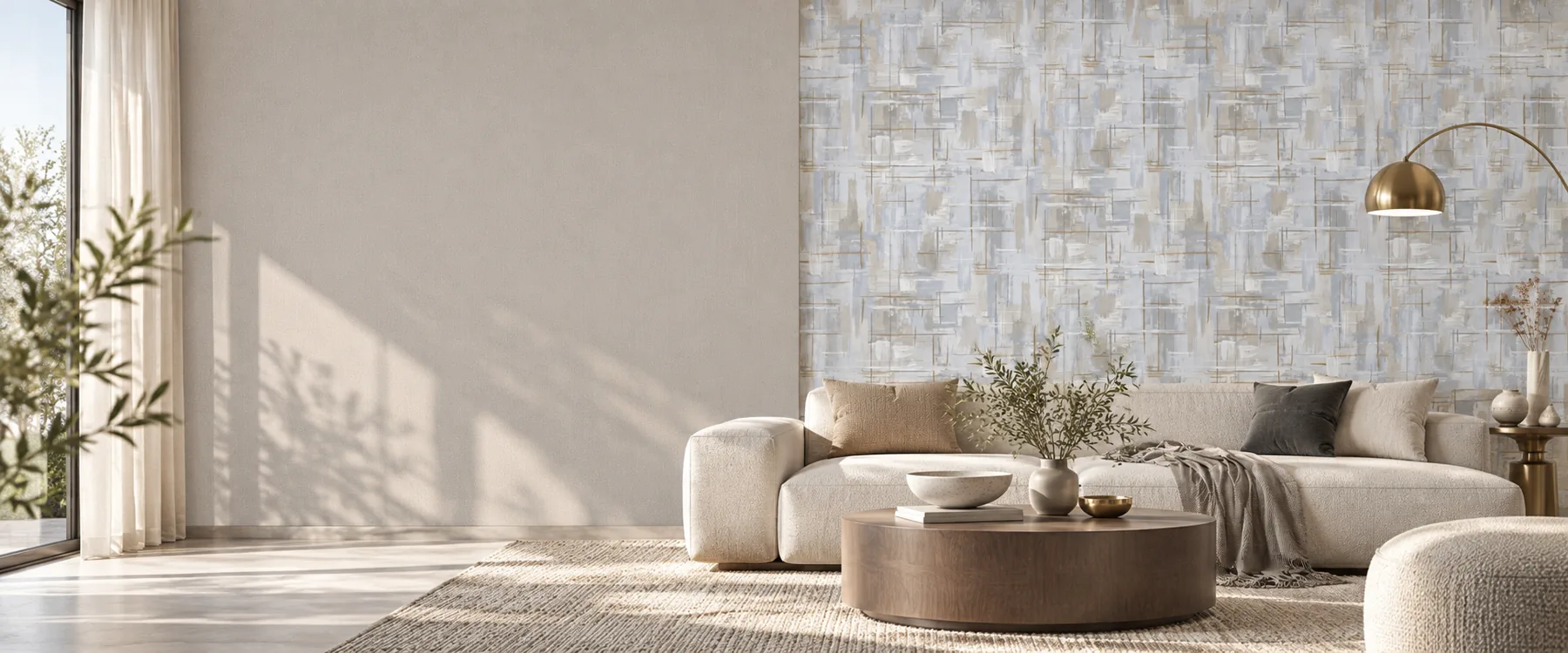 Textured wallpaper styled console with dried botanicals